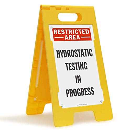 SmartSign 25 x 12 inch ¡°Restricted Area - Hydrostatic Testing in Progress¡± Two-Sided Folding Floor Sign, Digitally Printed Polypropylene Plastic, Multicolor, Made in USA