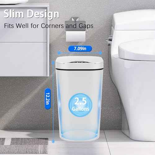 2 Pack Automatic Small Bathroom Trash Can with Lid - 2.5 Gallon Touchless Electric Garbage Can, Motion Sensor Smart Trash Bin, Slim Plastic Trashcan, Waterproof Wastebasket for Bedroom Office (White)