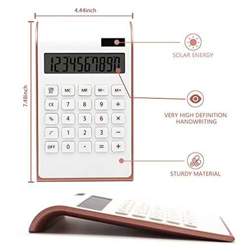 Rose Gold Office Calculator Accessories, 10 Digit Solar & Battery Powered Desktop Calculator with Large LCD Display, Pink