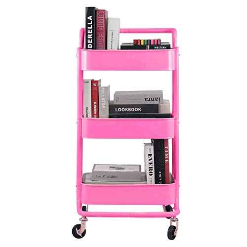 3-Tier Metal Mesh Rolling Cart Storage Organizer with Utility Handle and Wheels, Pink