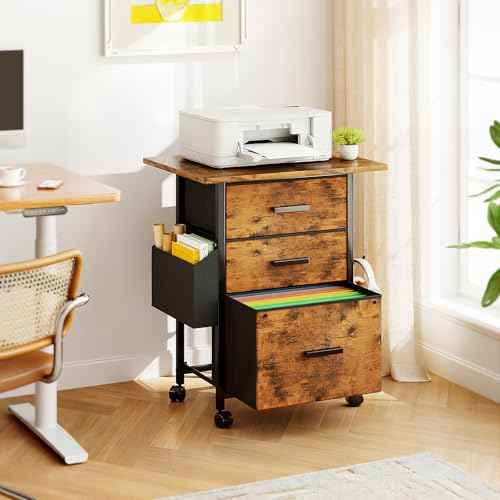 Mexin 3 Drawer File Cabinet with 24'' Extended Desktop, Mobile Filing Cabinet, Printer Stand, Rolling Printer Stand with Side Bag, Fabric Drawer, Fits A4 Size, Home Office,Rustic Brown