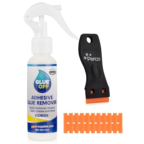 Perco Glue Off Adhesive Remover 3.3 oz with Scraper & Plastic Razor – New Stronger Formula