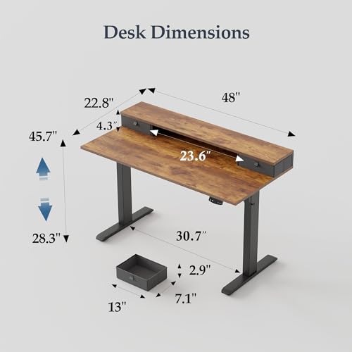 Klicelor Rustic Brown 48x23 Inch Electric Standing Desk with Drawers - Adjustable Sit-Stand Home Office Workstation