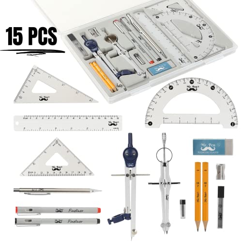 Silver Professional Geometry Set with Drafting Tools - 15 pcs for Students & Artists