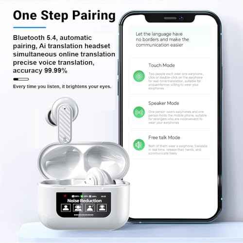 AI Language Translator Earbuds Real Time,144 Languages Online and Offline Translation Earbuds, No Subscription Required, Smart Touch Screen Housing, Fit for iOS and Android (White)