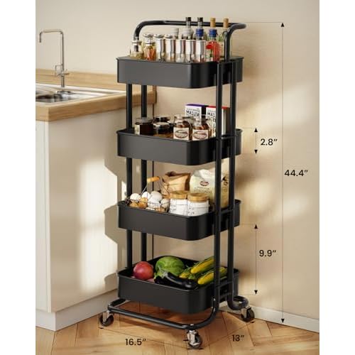 Pipishell 4 Tier Mesh Utility Cart, Rolling Metal Organization Cart with Handle and Lockable Wheels, Multifunctional Storage Shelves for Kitchen Living Room Office White, PIUC12W