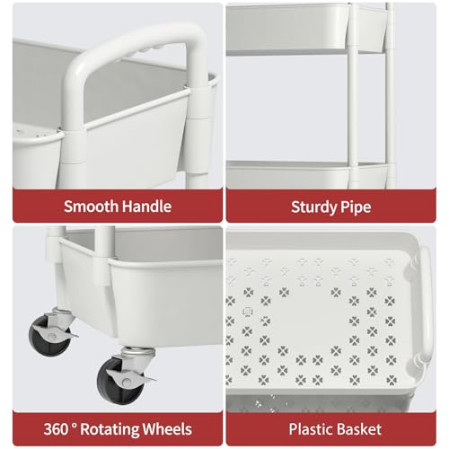 Sywhitta 3-Tier White Plastic Utility Cart with Lockable Wheels for Storage