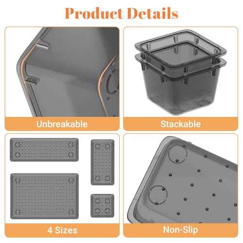 15 PCS Clear Plastic Drawer Organizer Set, 4-Size Acrylic Drawer Storage Trays, Storage Bins for Makeup, Gadgets, and Jewelry in Bathroom, Bedroom and Office, Clear Black
