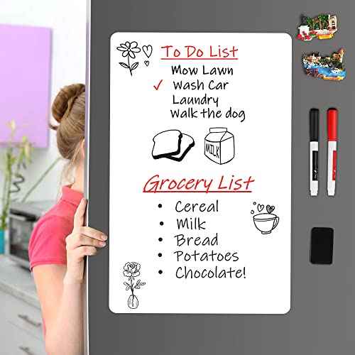 Magnetic Dry Erase Board Fridge White Board Sheet 20x13 inch, Flexible Large Refrigerator Magnets Whiteboard Planner for Home Kitchen, 2 Markers and Eraser