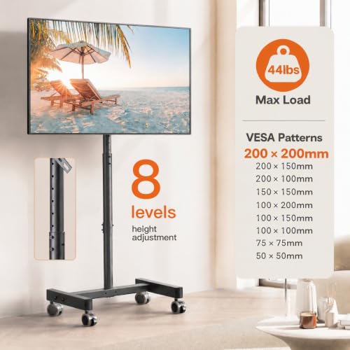 Perlegear Black Rolling TV Stand for 13-50 Inch TVs, 30° Tilt & Adjustable Height