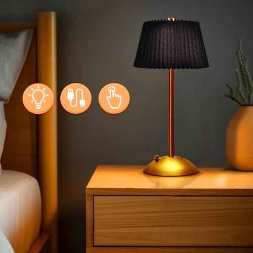Cordless Metal Desk Lamp,Touch Sensor Control LED Table Lamp,3 Way Dimmable Nightstand Lamp with Fabric Shade Desk Lamp for Living Room, Dorm, Home Office (Black)