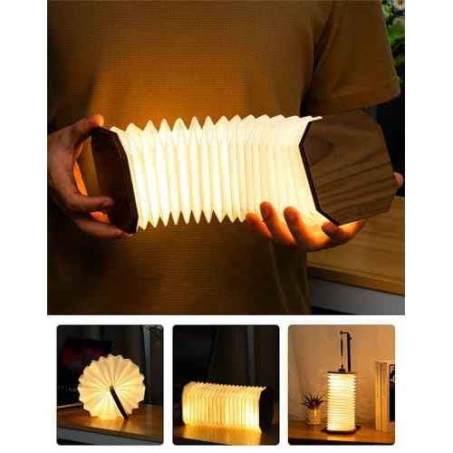Originality Folding Accordion Lamp, Portable Wooden Desk Lamp, Japanese Gifts, Creative LED Paper Lantern with USB for Home Decoration(Walnut)