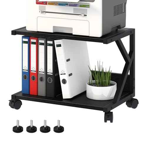 aboxoo Desktop Printer Stand with 2 Tier Wood Storage Shelves,Under Desk Printer Table,Multi-Purpose Home Office Desk Organizer for Fax Machine, Scanner (Black)