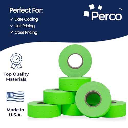 Perco 1 Line Fluorescent Green Labels - 8 Rolls, 1 Sleeve, 8,000 Blank Price and Date Gun Labels for Perco Lite, X, Plus and Pro 1 Line Price and Date Guns - Made in USA