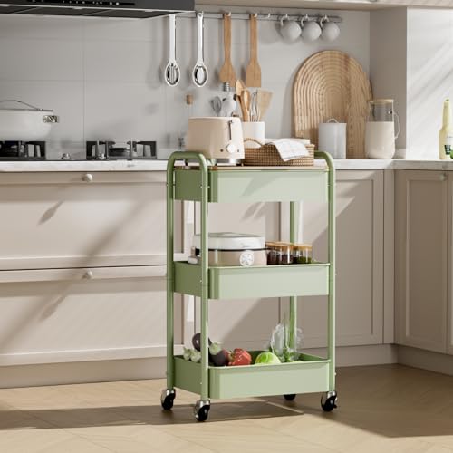 Johgee 3-Tier Rolling Cart with Tabletop - Locking Wheels, Removable Top Board, 150lb Capacity (Green)