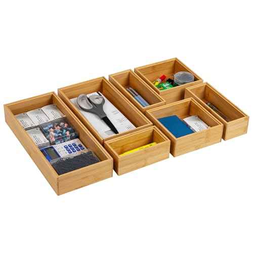 Mind Reader 7-Piece Bamboo Drawer Organizer Set, Storage Trays for Kitchen, Bathroom, Office, Makeup, Jewelry & More, Utensil Holder, Rayon from Bamboo, 21" L x 13.875" W x 2.375" H, Brown