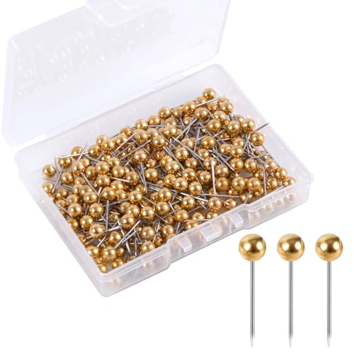 Gold 200pcs Map Push Pins Round Head Tacks for Travel - 4x15mm with Storage Box