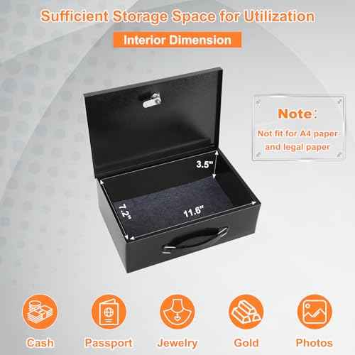 KYODOLED Fireproof Document Box with Key Lock, Small Lock Boxes for Personal Items, Fire and Water Resistance, Fireproof Safe Box for Documents, Jewelry, Passport, Cash, 12.6'' x 8.3'' x 4.3'' Black