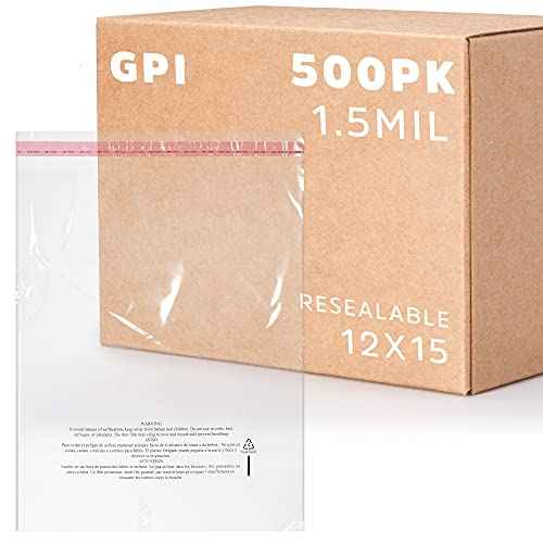 GPI - Pack of 500 12" X 15" Clear Self Seal Poly Bags, 1.5 Mil - Resealable Polybags with Adhesive Strip & Suffocation Warning for Packaging T Shirts Clothing. Perfect for Shipping Supplies with FBA