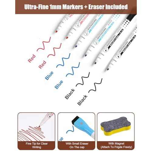 Magnetic Whiteboard for Fridge A5 (8.3¡ȡ¿5.8¡È) ? 4?Pack, White, with 6 Markers & Eraser