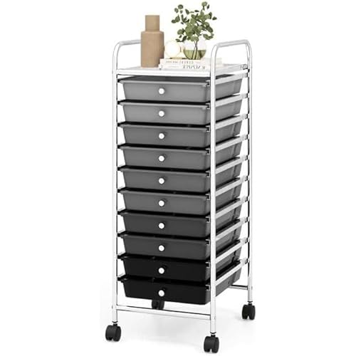 10 Drawers Rolling Storage Cart, Mobile Utility Cart, Sundries Storage Cart w/Lockable Casters for School, Office, Home, Multipurpose Storage Organizer Cart (Black)
