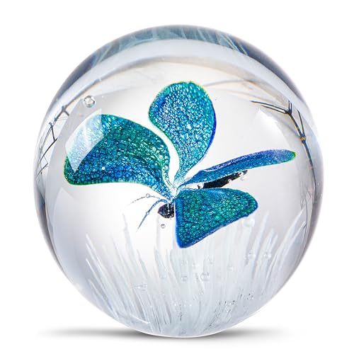 EUSTUMA Hand Blown Glass Butterfly Paperweight - Office Desk & Home Decor Collectible