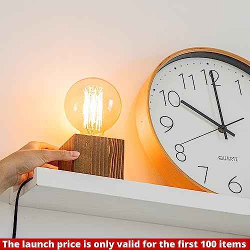 Cubic Handmade Edison Lamp with Wood Base Holder, Industrial Minimal Desk Lamp with Brass Dimmer, Dimmable Decorative Lamp for Home Lighting Decor, Housewarming Gift, Light Brown
