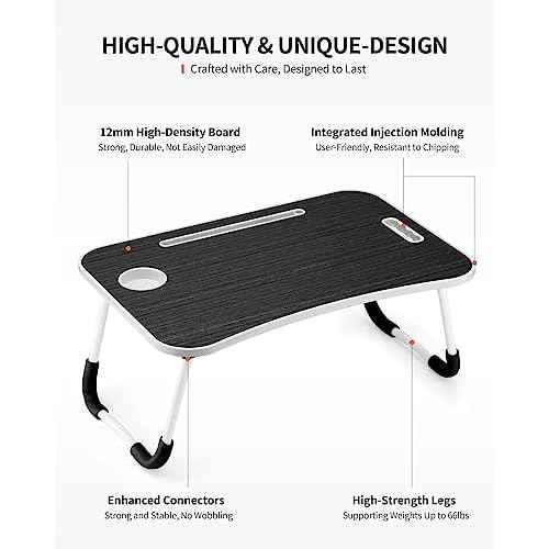 Foldable Laptop Table, Portable Lap Desk Bed Table Tray, Laptop Stand with Cup Holder & Tablet Slot & Lifting Handle for Working Writing Drawing & Eating (Black)