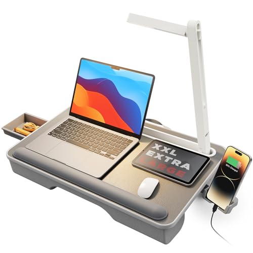 SAIJI Gray Portable Lap Desk with LED Light, Cushioned Bed Tray with Storage