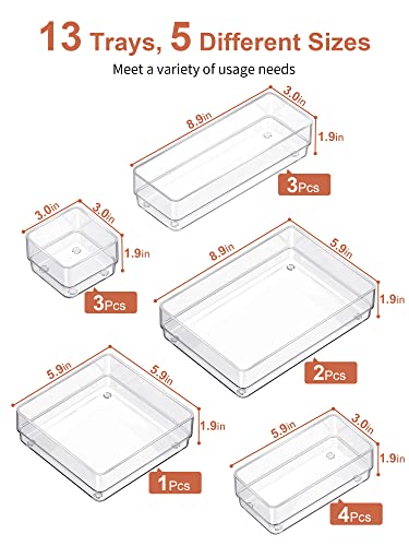 SMARTAKE 13-Piece Clear Drawer Organizer Set with 5 Sizes for Makeup, Office, Kitchen