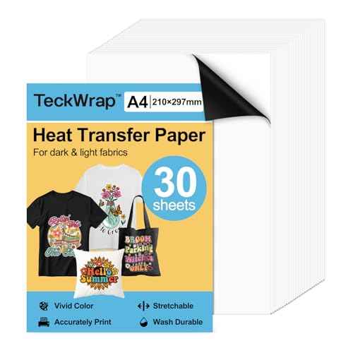 TECKWRAP Printable Heat Transfer Paper for T-Shirts 30 Sheets, 8.3" X 11.7" Printable Heat Transfer Vinyl for Inkjet Printer, Iron on Transfer Paper for Light and Dark Fabric (Matte)