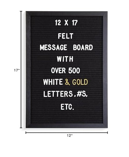 Real Wood Framed Felt Letter Board, Changeable Message Board, 12" x 17", Folding Stand and Wall Mount, 500+ Pieces of White & Gold Letters, Numbers &Words, by Better Office Products (Black/Black)