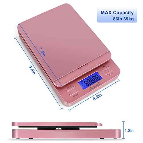 Fuzion Shipping Scale, Digital Postage Scale for Packages 86 lb/0.1oz with Hold and Tare, Postal Scale with Flip Holder, Package Scale for Small Business, Battery & AC Adapter, Rose Gold