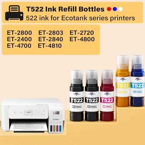522 Ink Refill Bottles (NotSublimation Ink) Compatible Replacement for Epson Ecotank ET-2800 ET-2720 ET-4800 ET-2803 ET-2400 ET-4700 ET-2840 ET-4810 ET2800 ET4800 ET2803 ET2400 Printers (5 Packs)