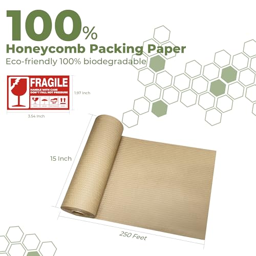 Honeycomb Packing Paper Wrap 15''x250', Substitute Alternative for Bubble Cushioning Wrap for Moving Shipping Packaging, Recyclable Moving Supplies with 60 Fragile Sticker Labels