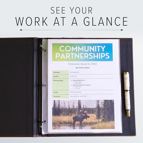 Gallery Leather 3 Ring Binder with Plastic Sleeves, Includes 10 Sheets, Sheet Size: 8.5" x 11" - Presentation Binder Rings with Window and Hubbed Spine, Thick: 0.75" Belfast Brown