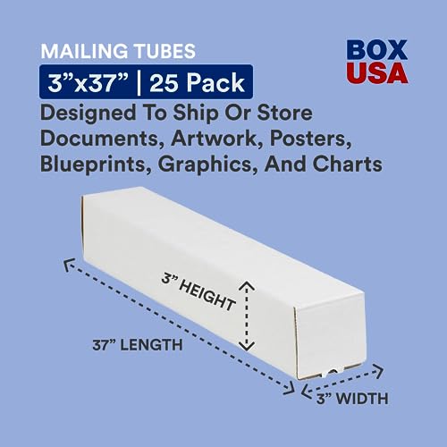 3x3x37 inch Mailing Tubes - 25 Pack Square Corrugated Shipping & Storage