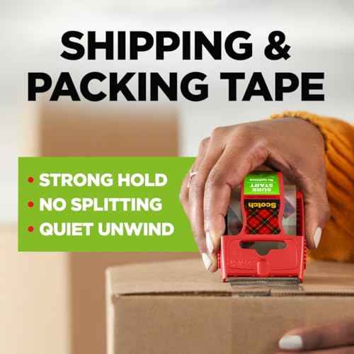Scotch Sure Start Packing Tape, Clear, Holiday Wrapping Tape with Quiet Unwind and Easy Start, 1.88 in. x 25 yd., 6 Tape Rolls, Packaging May Vary