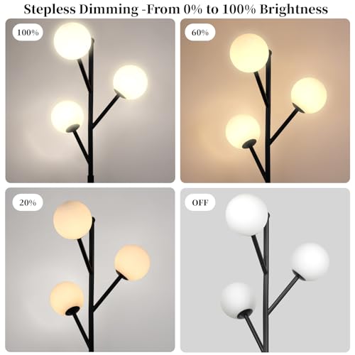 3-Globe Mid Century Black Tree Floor Lamp and Bulbs Included,70in Tall Modern Stepless Dimmable Standing Lamp with Frosted Glass Shade for Living Room Office Bedroom, Study Room(dimmer-Black)