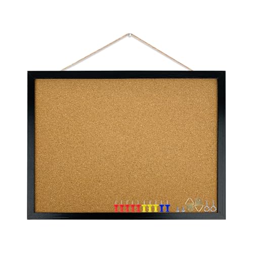 Black Cork Bulletin Board 17.7 x 13.3 Inches with Oak Wood Frame, Wall Mount Office Home School
