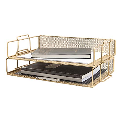 BLU MONACO Gold Mesh Paper Tray ? Set of 2 Stackable Letter Trays ? Durable Metal Desk Organizer for Home, Office & School ? Stylish Document Holder, File Storage, and Workspace Organizer