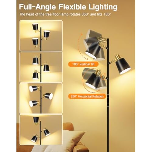 OUTON LED Tree Floor Lamp, Modern Dimmable Standing Lamp with Remote & Touch Control, 4 Color Temperatures, 3 Rotatable Lights Floor Lamps for Living Room, Bedroom, Office, Black & Gold