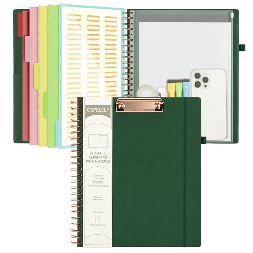 Ospelelf Green Leather Clipboard Folio with Notepad, 5 File Folders & 39 Labels