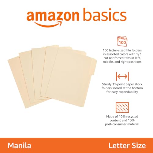Manila Letter Size File Folders with Reinforced Tabs - 1/3-Cut, 100-Pack