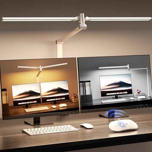 LED Desk Lamp, Double Swing Arm Wide Lighting Area Desk Lamps for Home Office with Stepless Dimming, Eye-Caring Architect Desk Light with Clamp for Reading, Study, Workbench, Drafting(White)