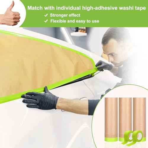 6 Rolls Pre-Taped Masking Paper for Painting and 3 Rolls Masking Tape Set -18 inch x 50 feet Tape and Drape for Painting, Painters Paper for Automotive Paint Masking, Floor Protection,Wall Covering