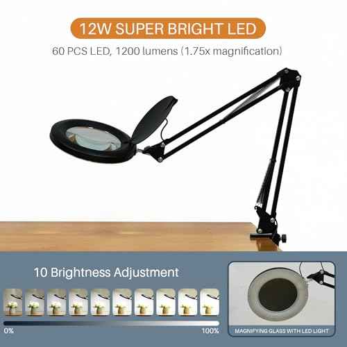 12W LED Magnifying Lamp with Clamp - 10 Brightness Levels, 6500K, 1200 Lumens | 5 Inch Lens (1.75x Magnification/3 Diopters) for Reading, Sewing, Nail Art & Crafting (Black)