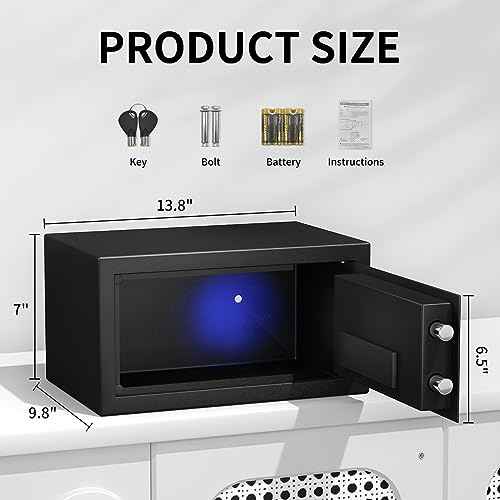 Safe Box with Sensor Light, Security Safe Steel Construction Hidden Money Safe with Lock,Wall or Cabinet Anchoring Design for Home, 0.55 Cubic Feet Black