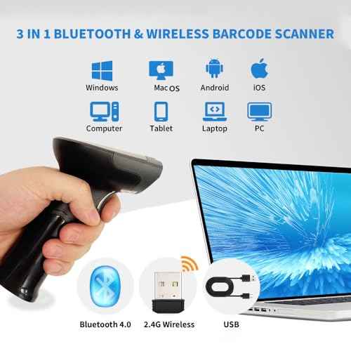 Bluetooth Barcode Scanner, USB Wired & Wireless 1D 2D Handheld Barcode Scanner Work for iPhone iPad, CMOS Sensor QR Bar Code Scanner Reader Compatible with Android, Tablet, PC Computers, POS
