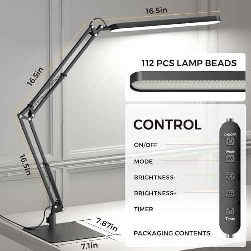 SKYLEO LED Desk Lamp with Slim Base - Adjustable Swing Arm Desk Light, Dimmable, Timer, Eye Protection, Memory Function, 1300LM, 12W, Black